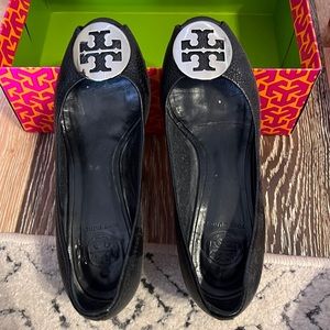 Authentic Tory Burch peep toe wedge pumps.